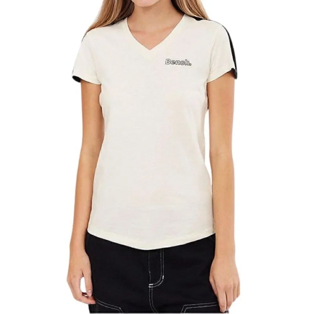 BENCH Roxanna womens V-Neck t-shirt stone with black colorblocking in the Size L